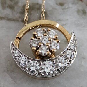 VINTAGE NORMAN TEUFEL SUN MOON DIAMOND 14K GOLD SPINNER MOTION PENDANT NECKLACE